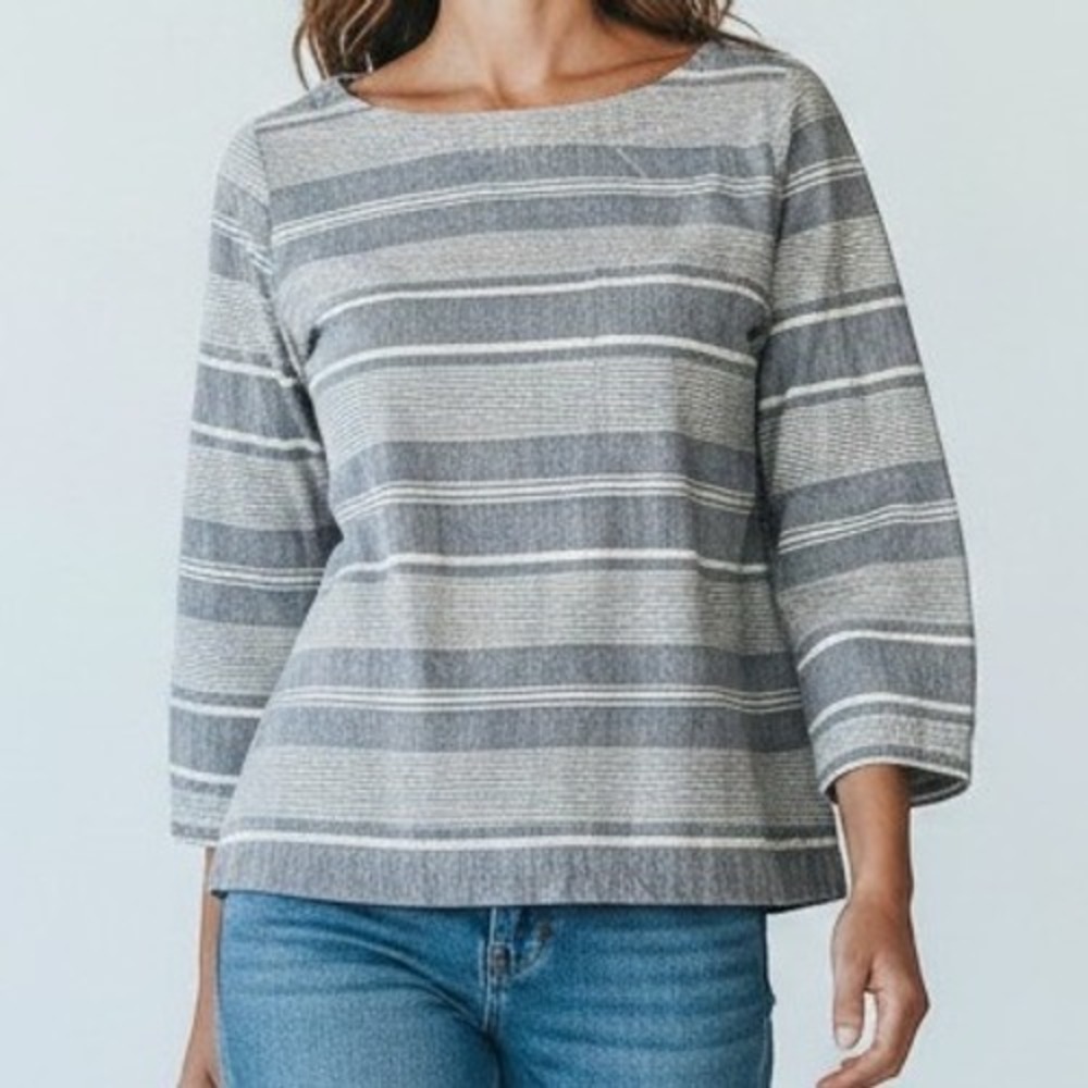 Sigrid Olsen M Linen Blend Boxy Crop Top Gray White Stripe Lagenlook Coastal